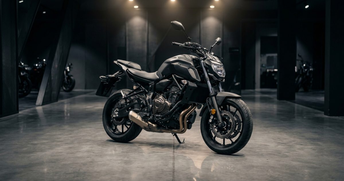 Modern naked street motorcycle parked under studio lights representing bike price in India