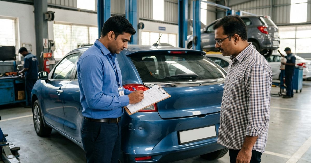 Car insurance check process showing surveyor inspecting vehicle and verifying policy details