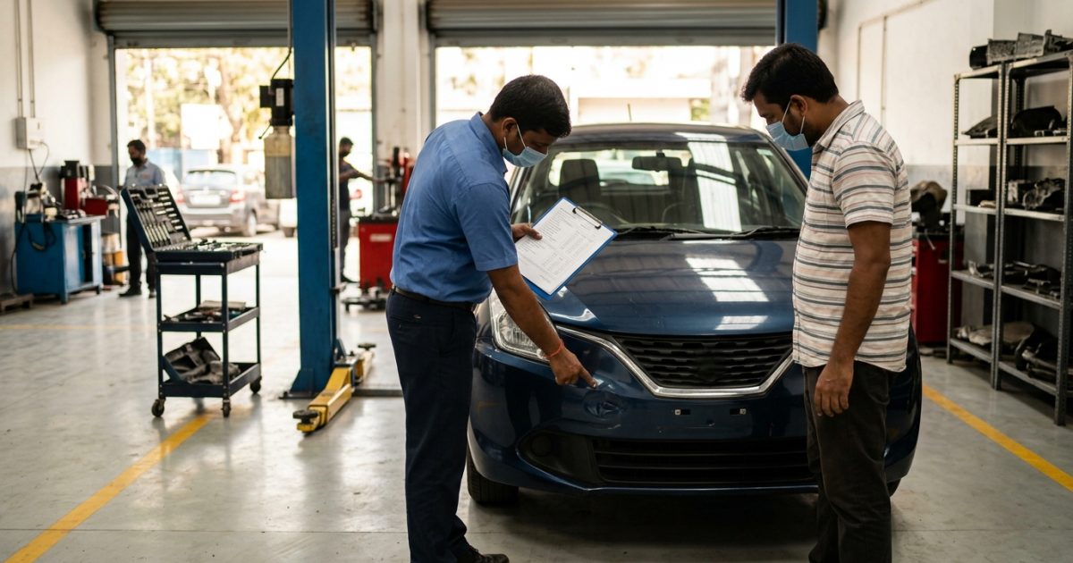 Car insurance check being conducted during vehicle inspection with documents