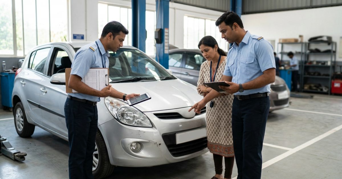 Car insurance claim process surveyor inspecting damaged bumper at an Indian network garage