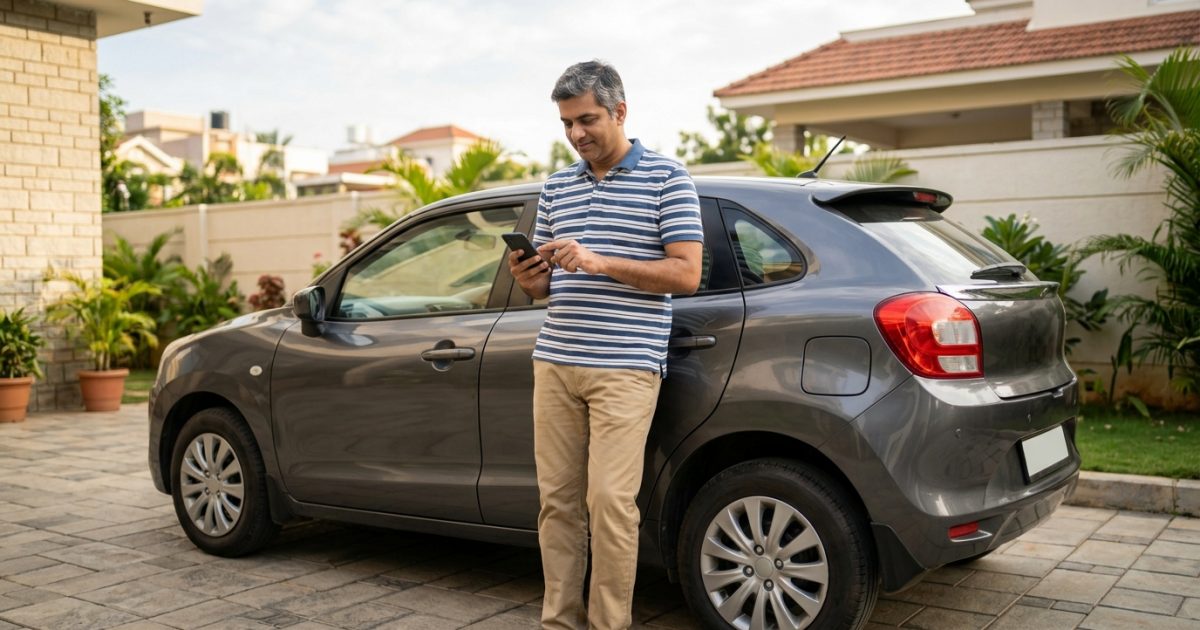 Car insurance renewal process showing owner reviewing vehicle details on smartphone