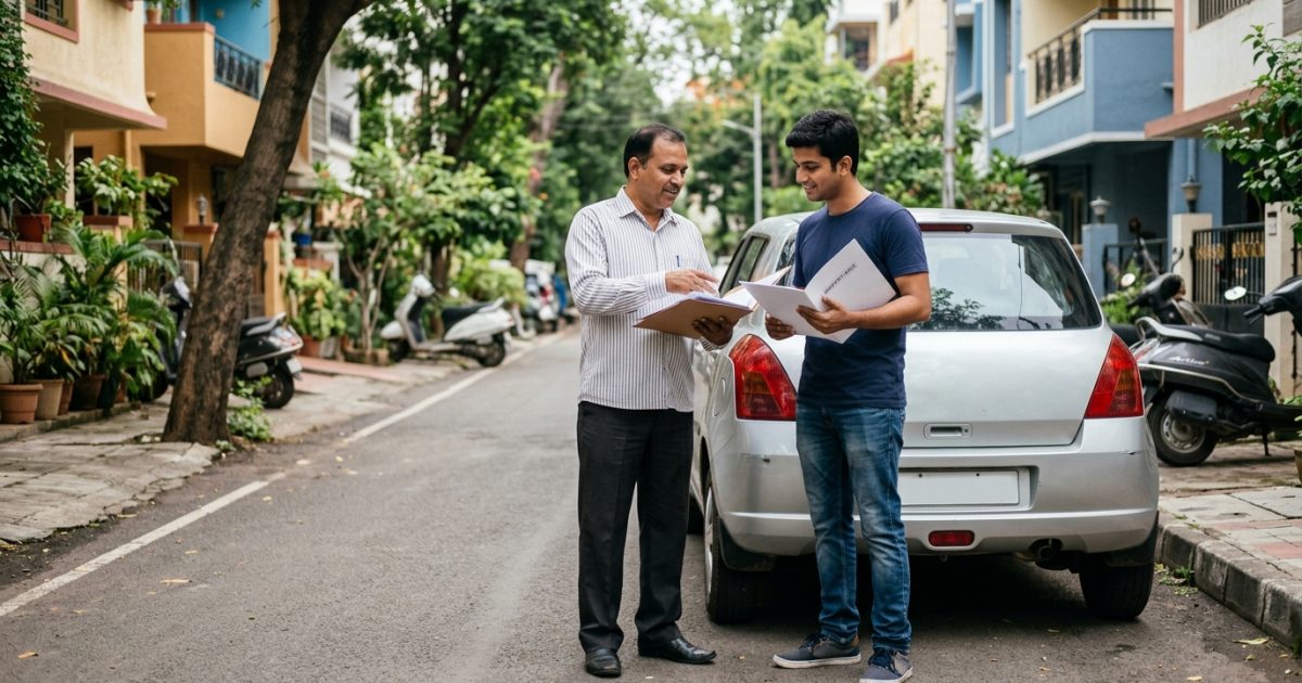 Car insurance transfer to new owner paperwork being checked beside a car in India