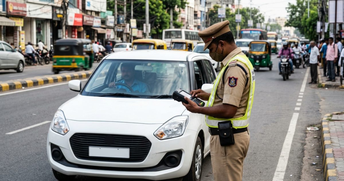 Traffic police officer checking pending challan check by vehicle number using an electronic device