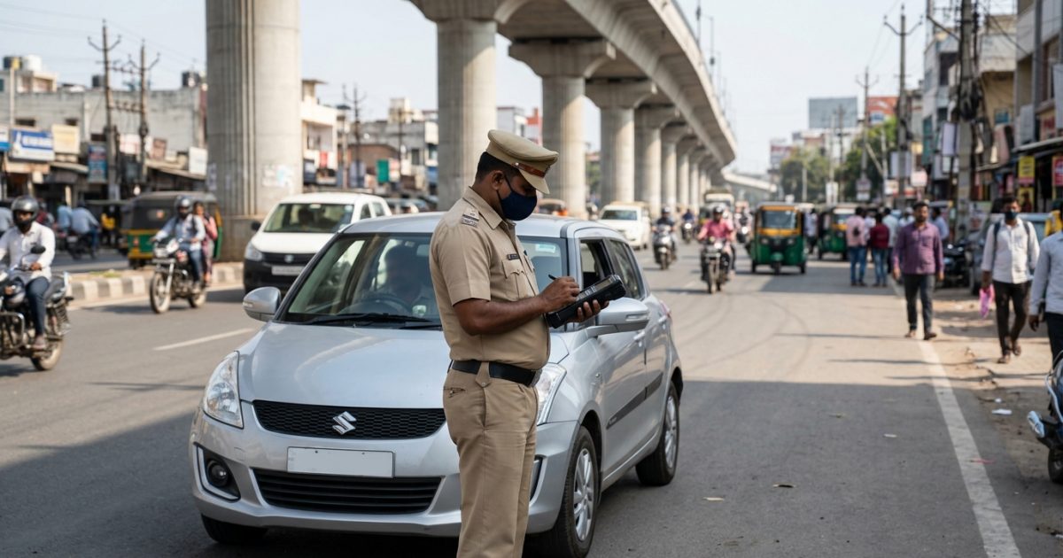 Traffic police officer reviewing challan check by vehicle number on digital handheld machine