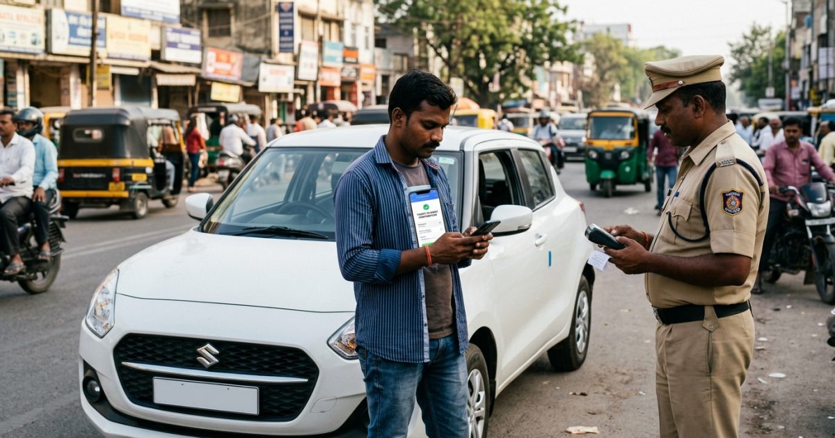 Driver checking online challan receipt download on smartphone near a car