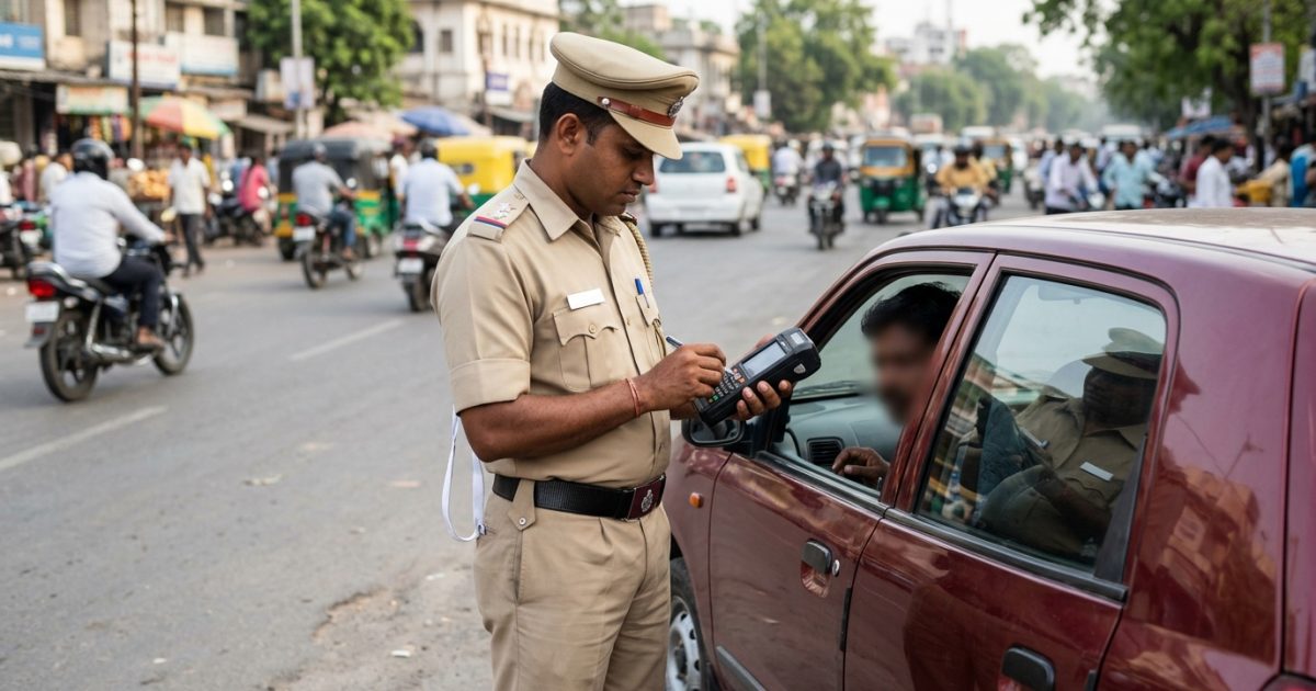 Traffic police officer holding an e-challan terminal to check challan by DL on an Indian road
