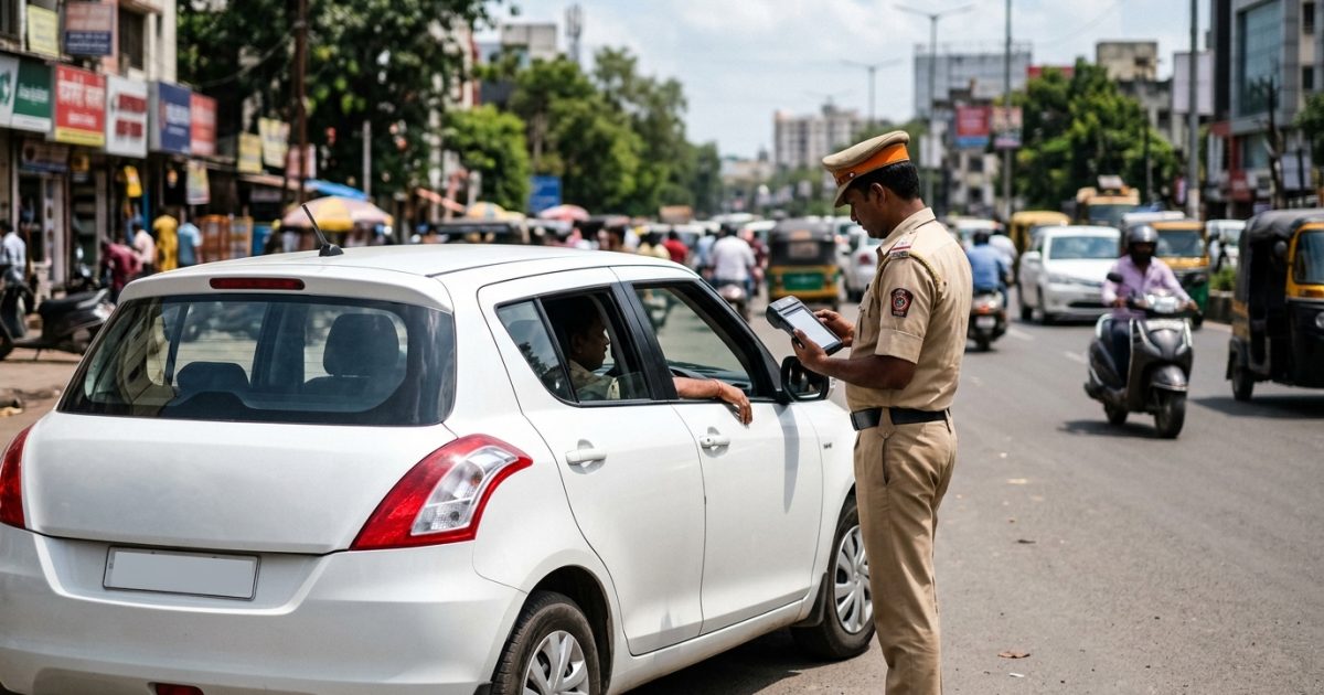 Traffic police officer checking driver details on an electronic terminal to check challan by DL number