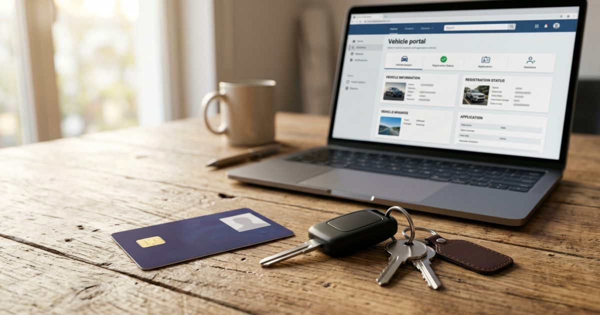 Vehicle registration certificate smart card and car key beside laptop to check RC online