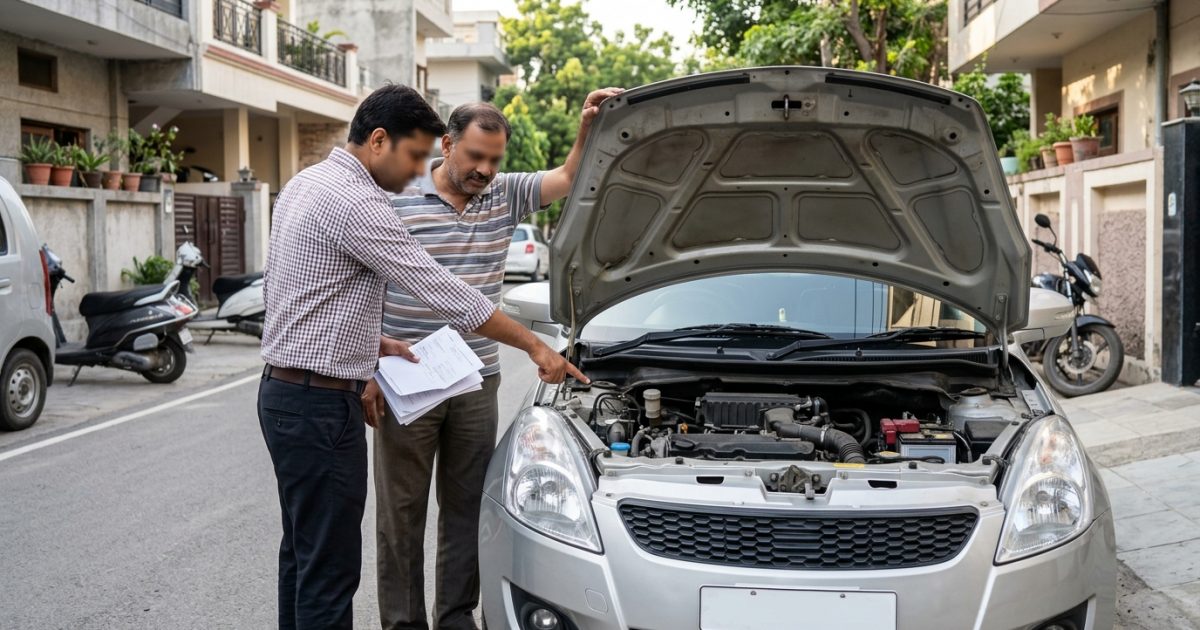 Car buyer performing physical inspection to check vehicle history India on a residential street