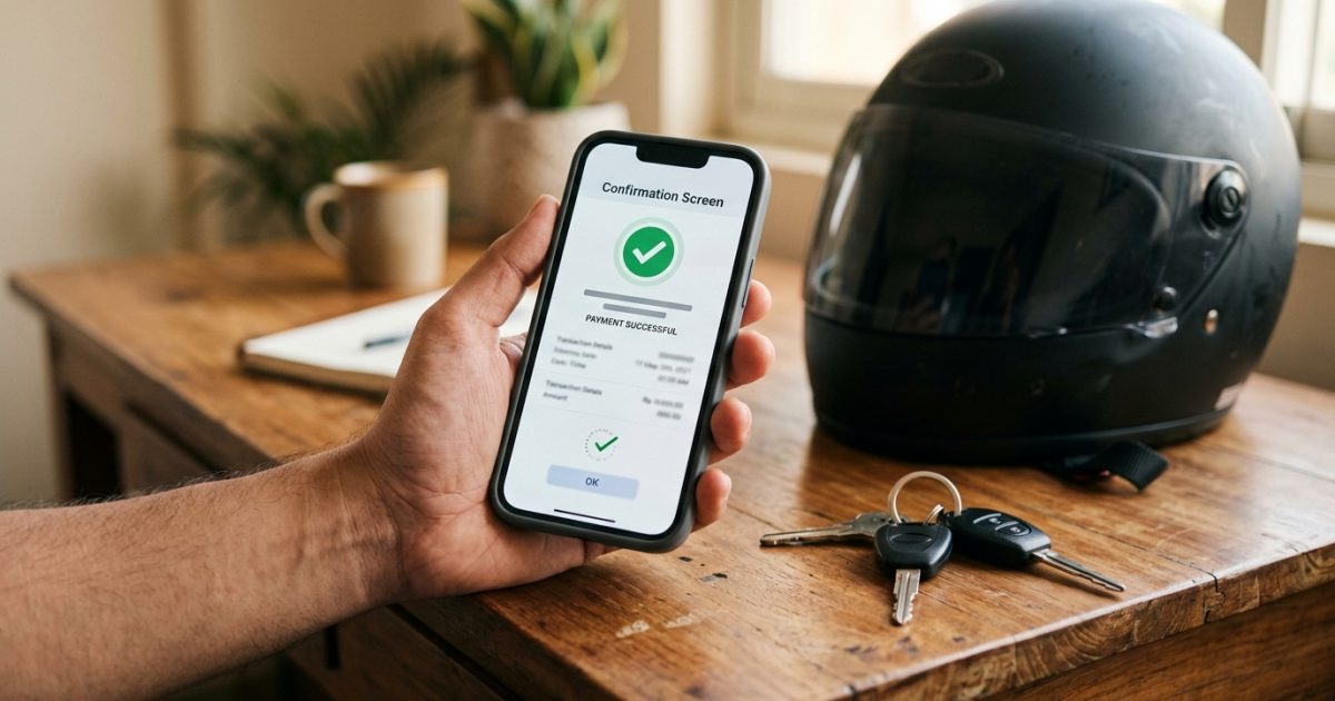 Motorist checking smartphone to dispute traffic challan online next to vehicle keys