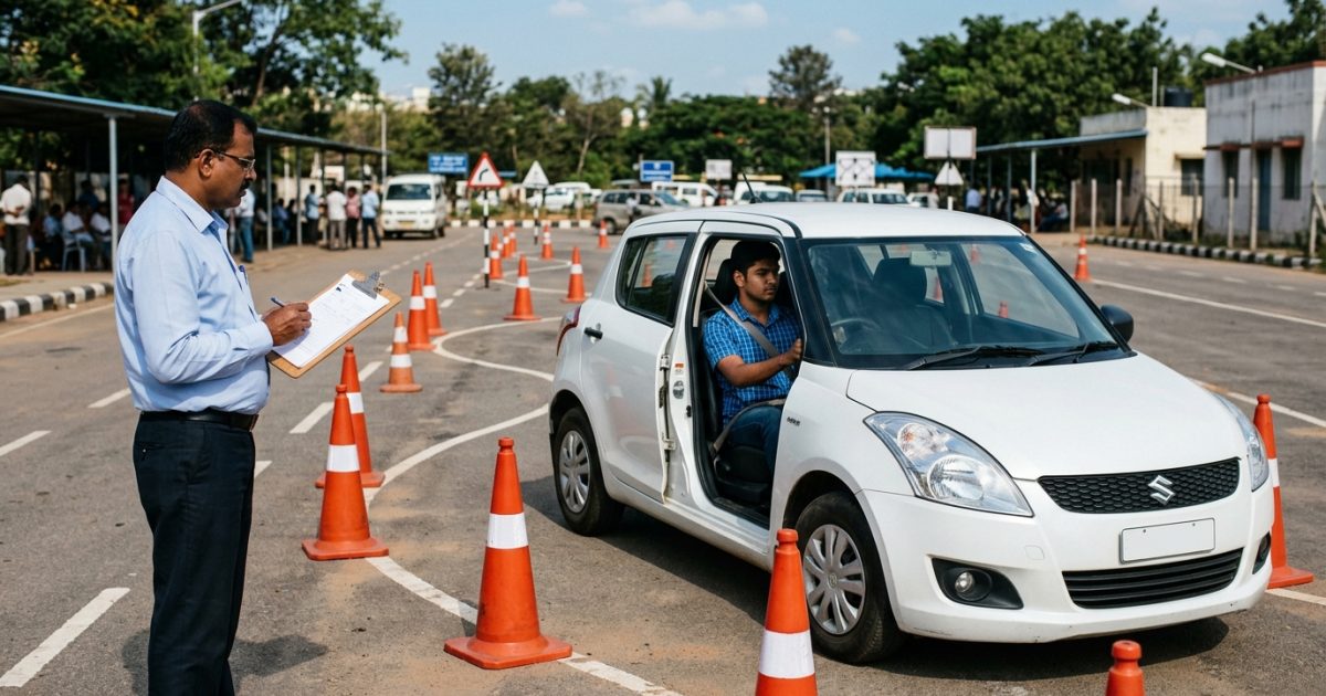 Driver undergoing driving licence competence evaluation at an RTO track for dl renewal online