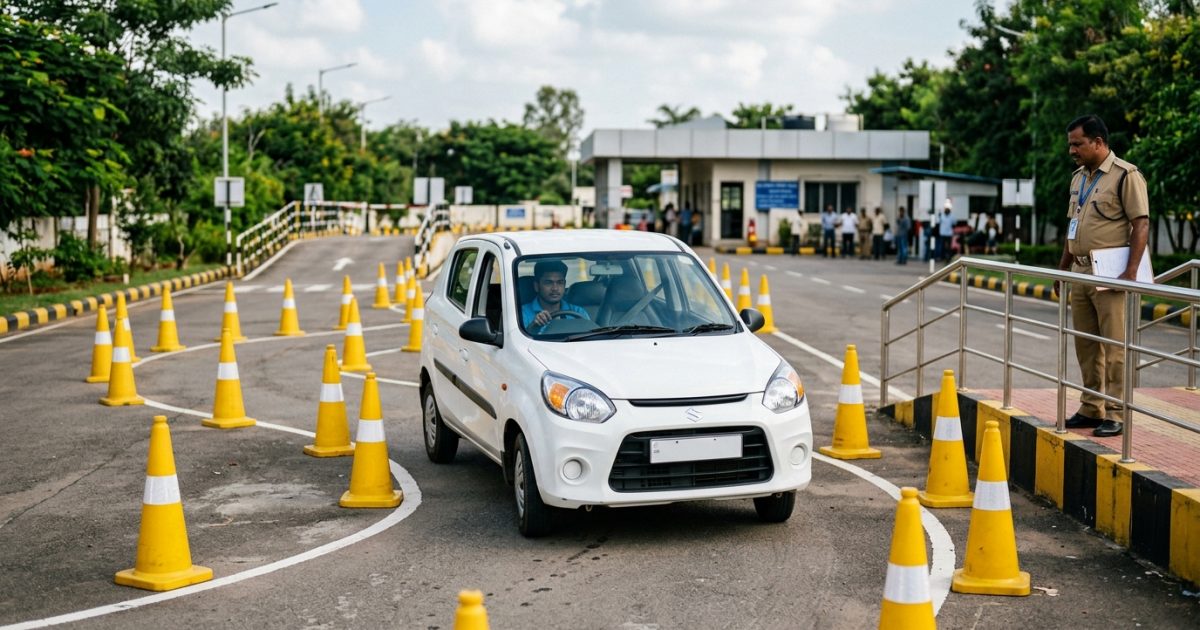 Motorist undergoing a driving test at an RTO track for dl renewal online