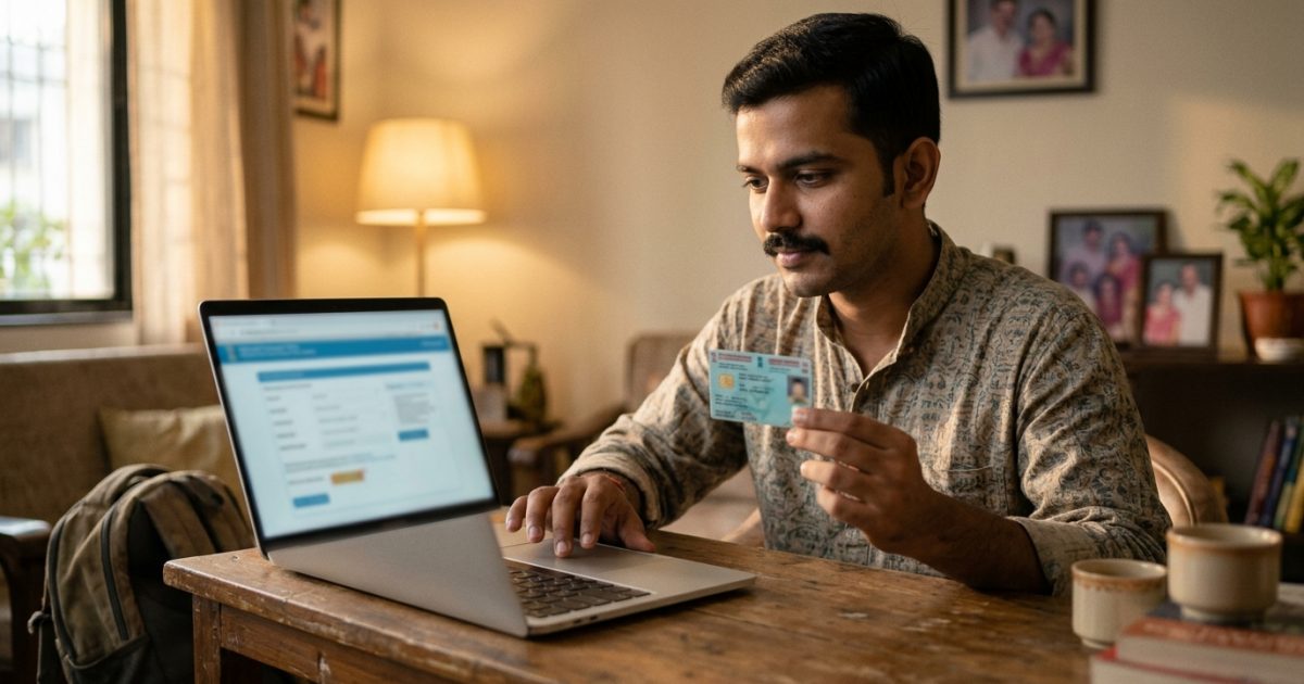 Person applying for driving licence renewal online on a laptop at home
