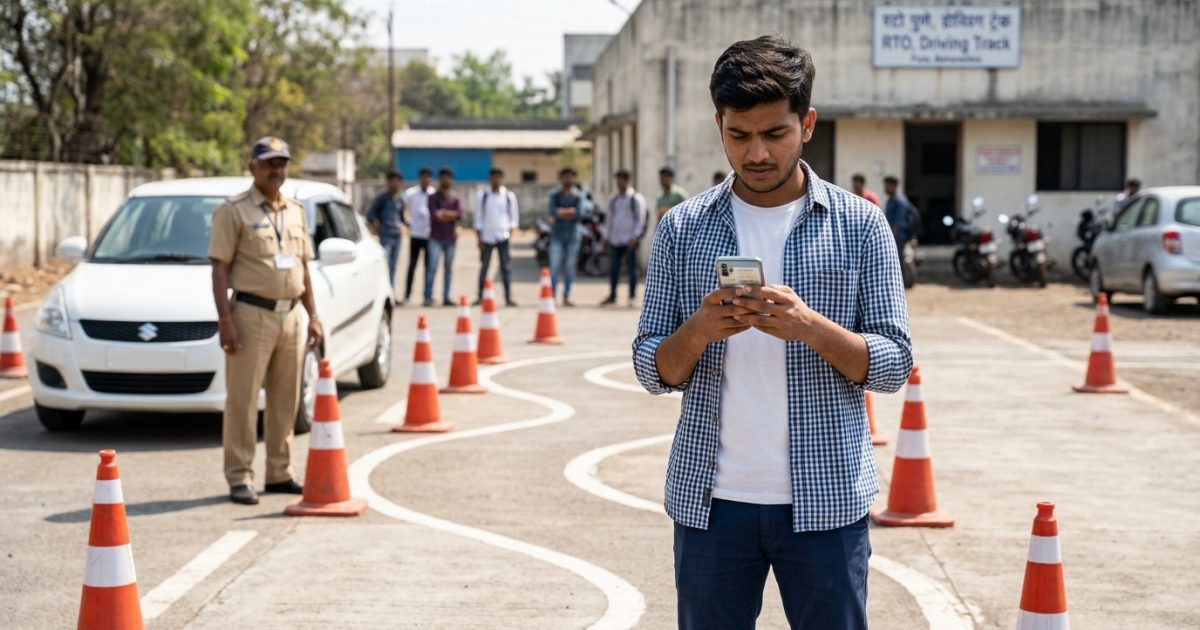 Applicant checking driving licence status on a smartphone near an RTO office