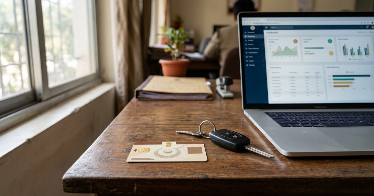 Vehicle registration certificate smart card with car keys on an office desk