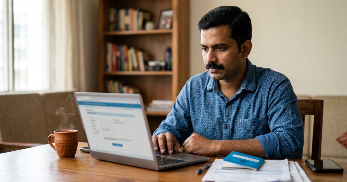 Person applying for a duplicate RC online using Parivahan Sewa portal on a laptop