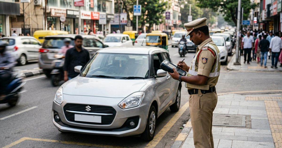 Traffic police officer checking pending e challan status on handheld digital device