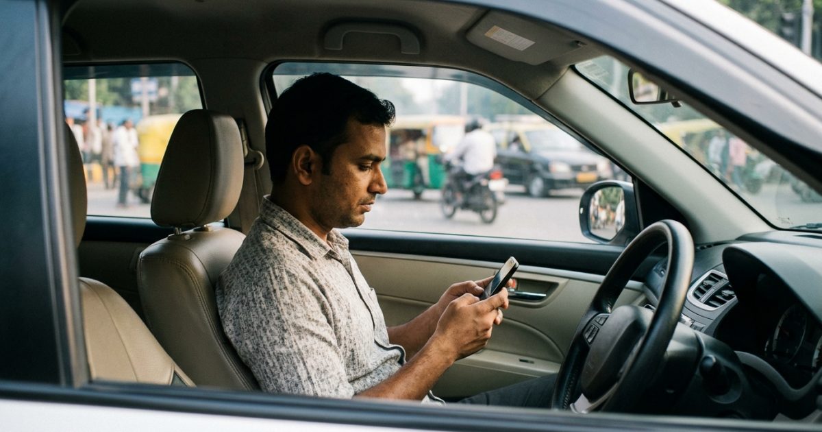 Motorist checking e challan status on a smartphone near an Indian traffic checkpoint