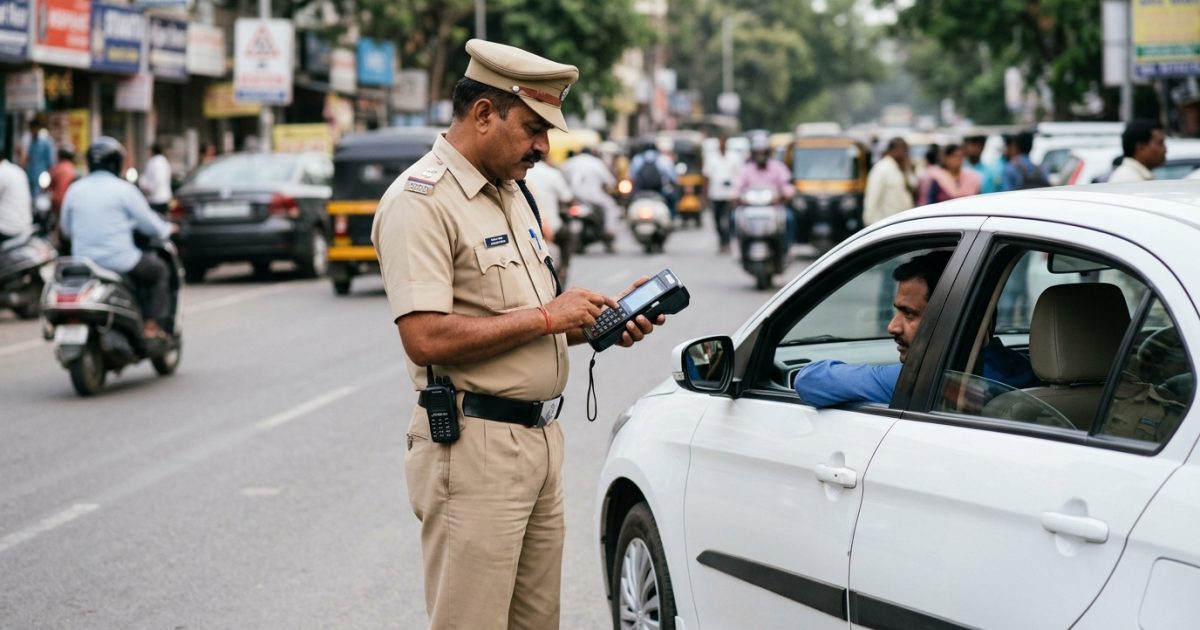 Traffic police officer checking an echallan parivahan violation on a handheld device in India