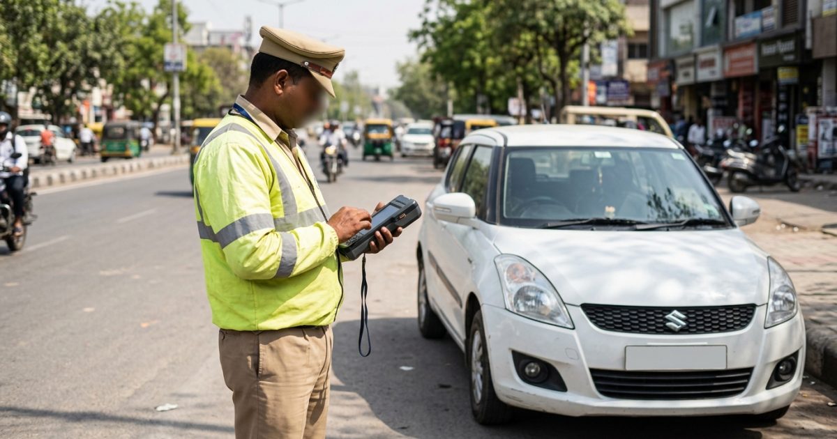 Traffic police officer scanning a vehicle registration plate for echallan parivahan records