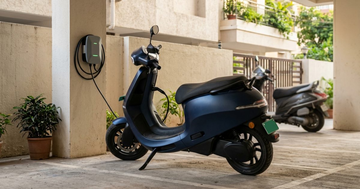 Electric scooter parked at a home charging point in India