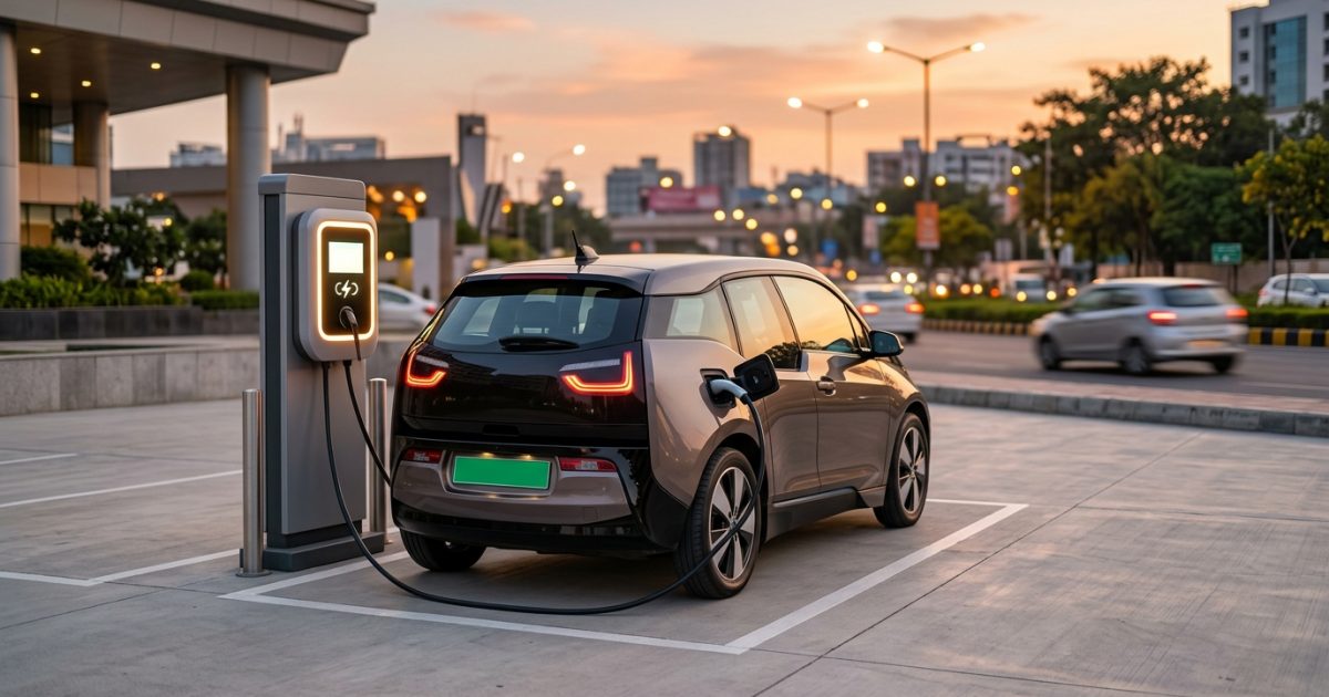 Electric car plugged into an EV charging station in an Indian metropolitan city