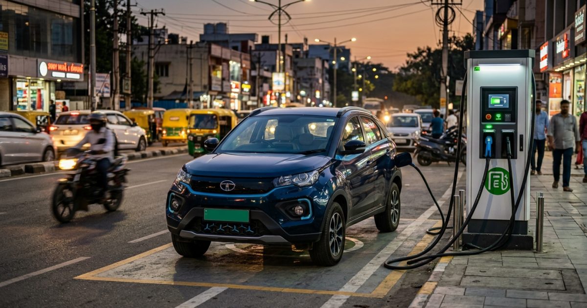 Electric car charging at an urban public station illustrating ev road tax exemption benefits