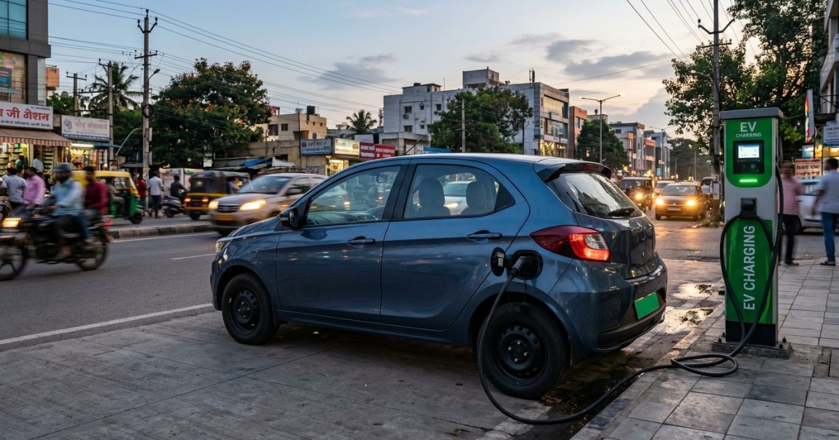 Electric vehicle plugged into an urban charging point showing EV subsidy in India concept