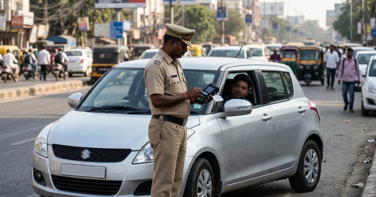 Traffic police officer reviewing a digital traffic fine on a handheld device during a fake challan check