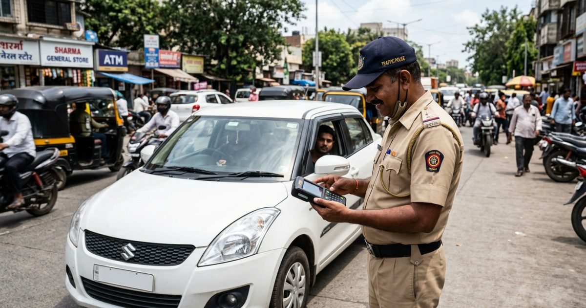 Traffic police officer checking vehicle details with handheld digital e-challan machine