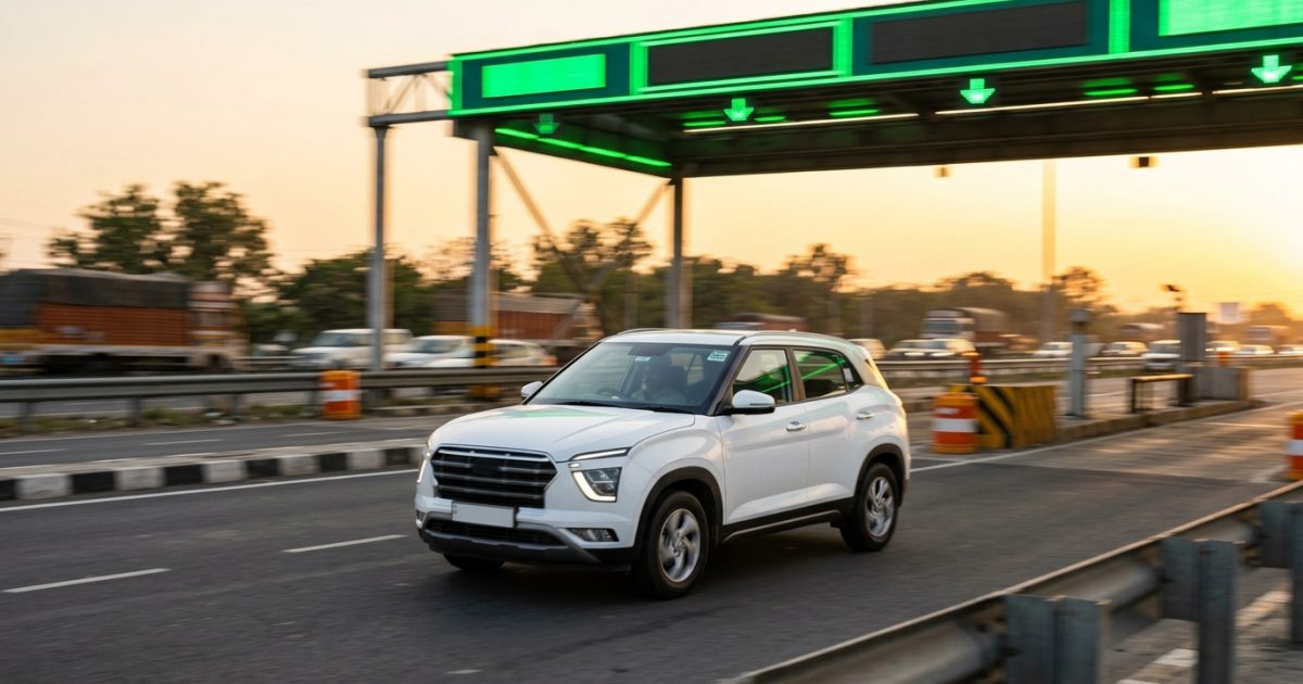 White car driving smoothly through a National Highway electronic toll booth using FASTag annual pass