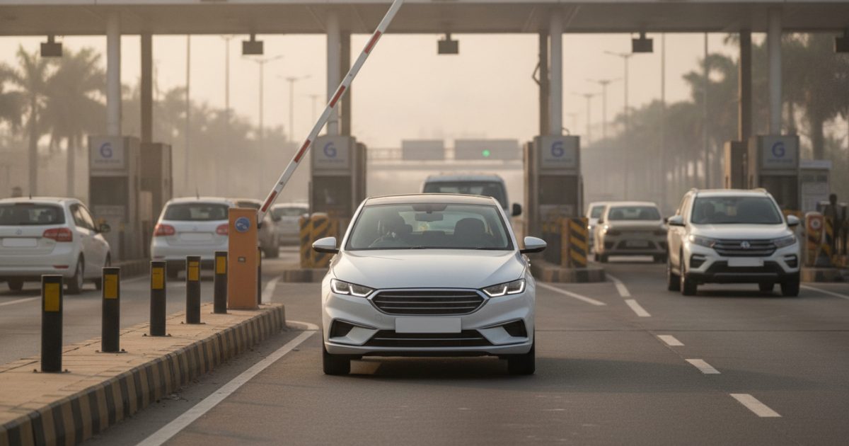 A white private car driving through an automated FASTag toll plaza lane on an Indian highway