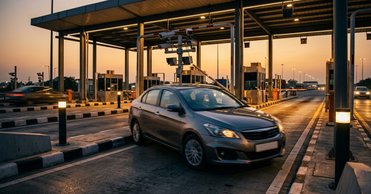 Car passing through an electronic toll plaza lane for fastag kyc update online verification