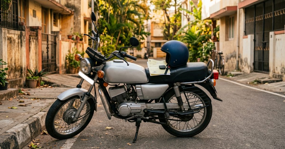 Motorcycle parked on an Indian street with insurance policy papers resting on the seat