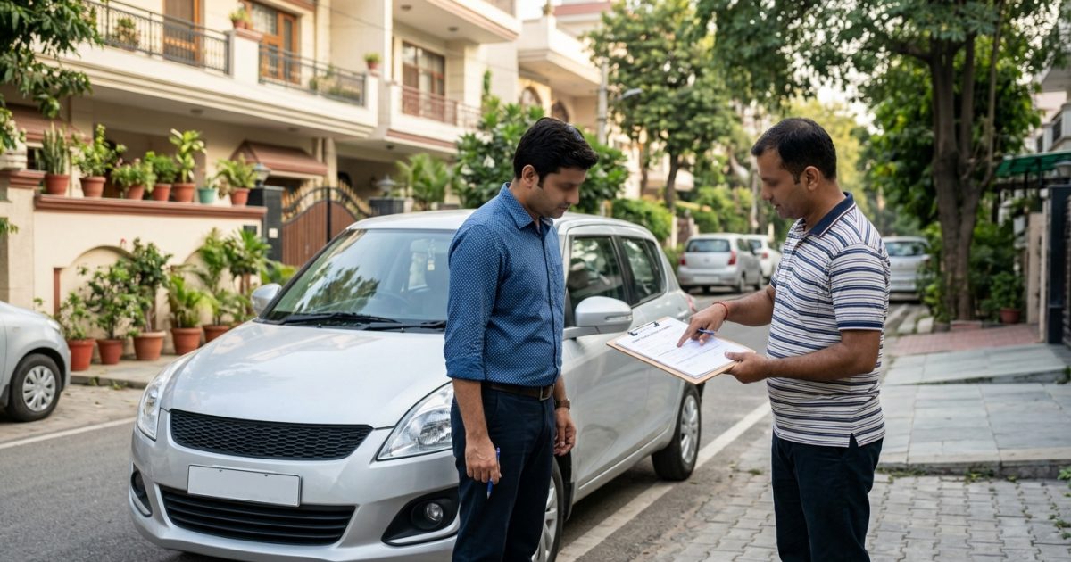 Car buyer and seller signing Form 29 and 30 for vehicle transfer in India