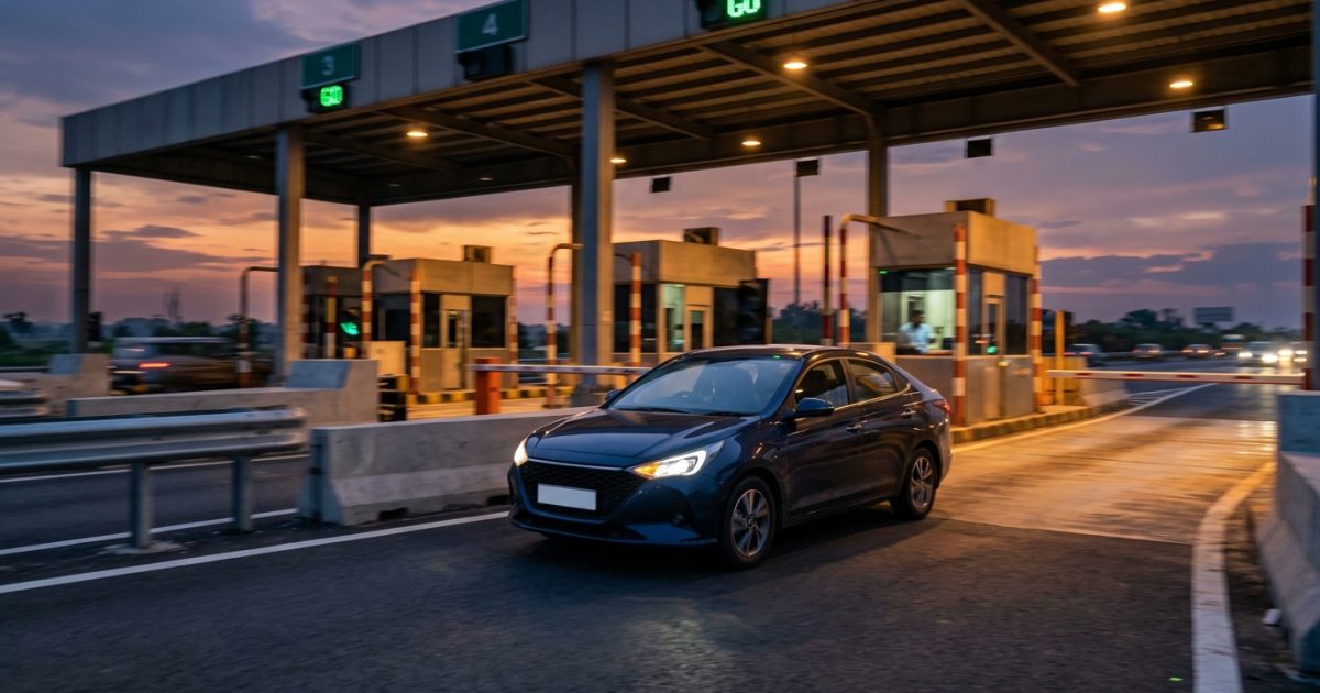 Car passing an Indian toll plaza lane highlighting modern registration and compliance