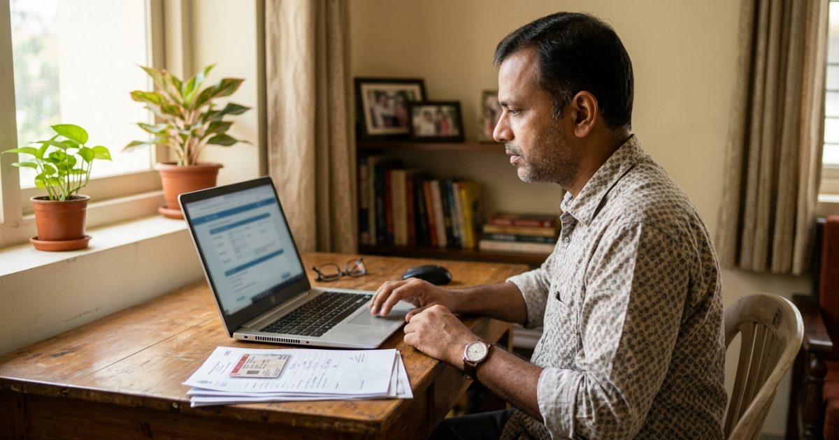Car owner completing hypothecation removal online on a laptop at home