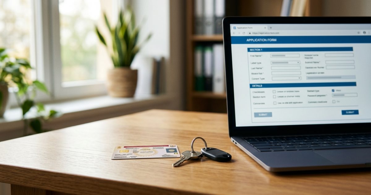 Car registration certificate and keys on an office table during hypothecation removal online