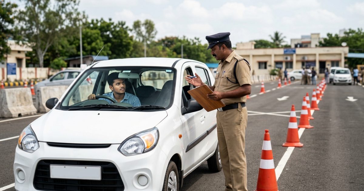 Applicant preparing for a driving licence test at an Indian RTO track
