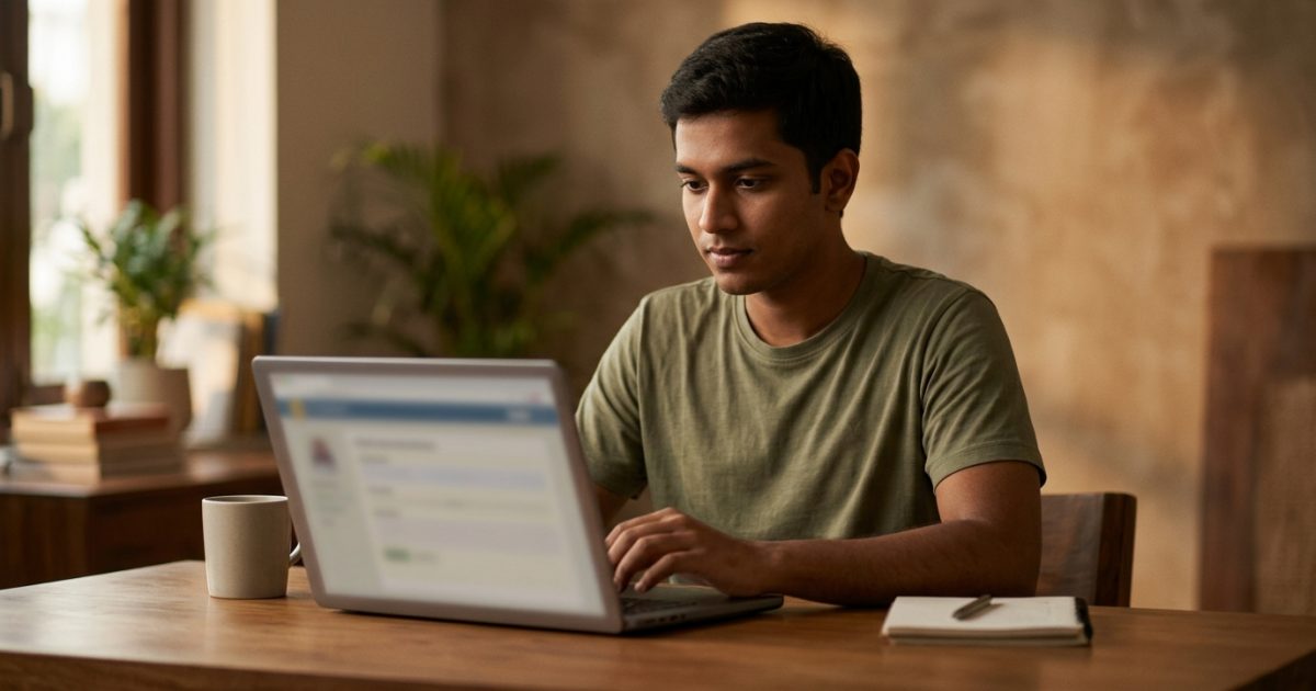 Person using a laptop at home for learning licence apply online process