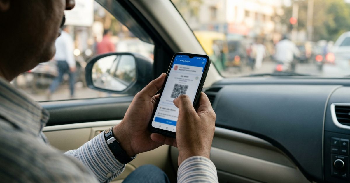 Smartphone displaying a digital vehicle document for mparivahan virtual rc download