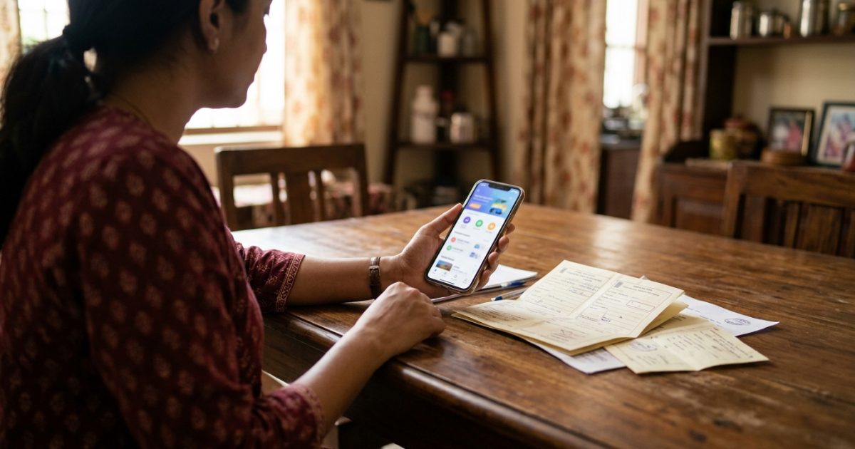 Indian motorist accessing an mParivahan virtual RC on a mobile screen at home