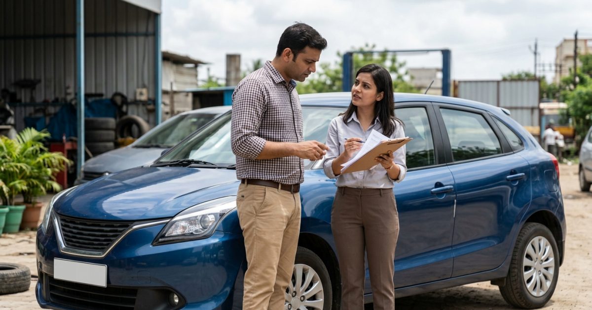 Car owner reviewing policy papers for ncb car insurance discount with an agent