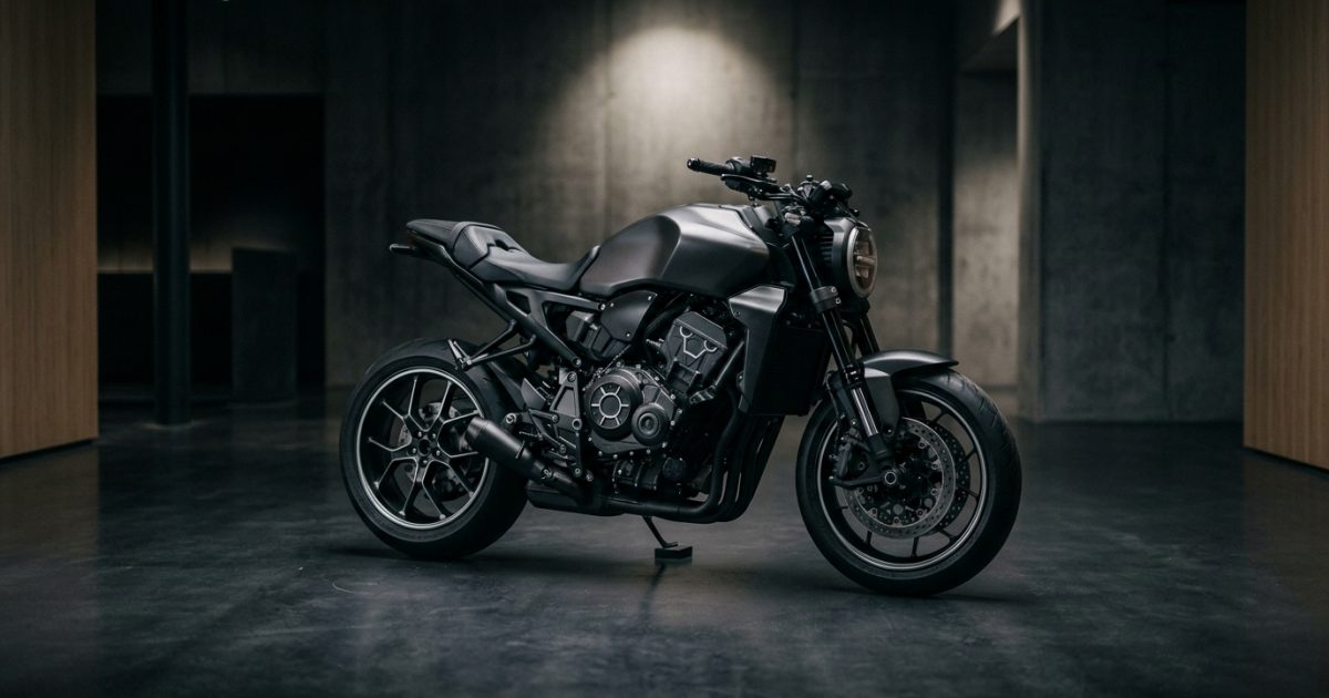 Side profile of a premium motorcycle displayed on a sleek showroom floor