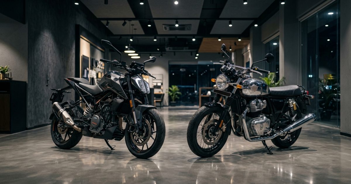 Front three-quarter view of modern motorcycle in a showroom setting