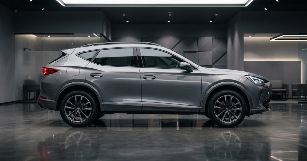 Front quarter view of a modern crossover SUV at a new car launch event