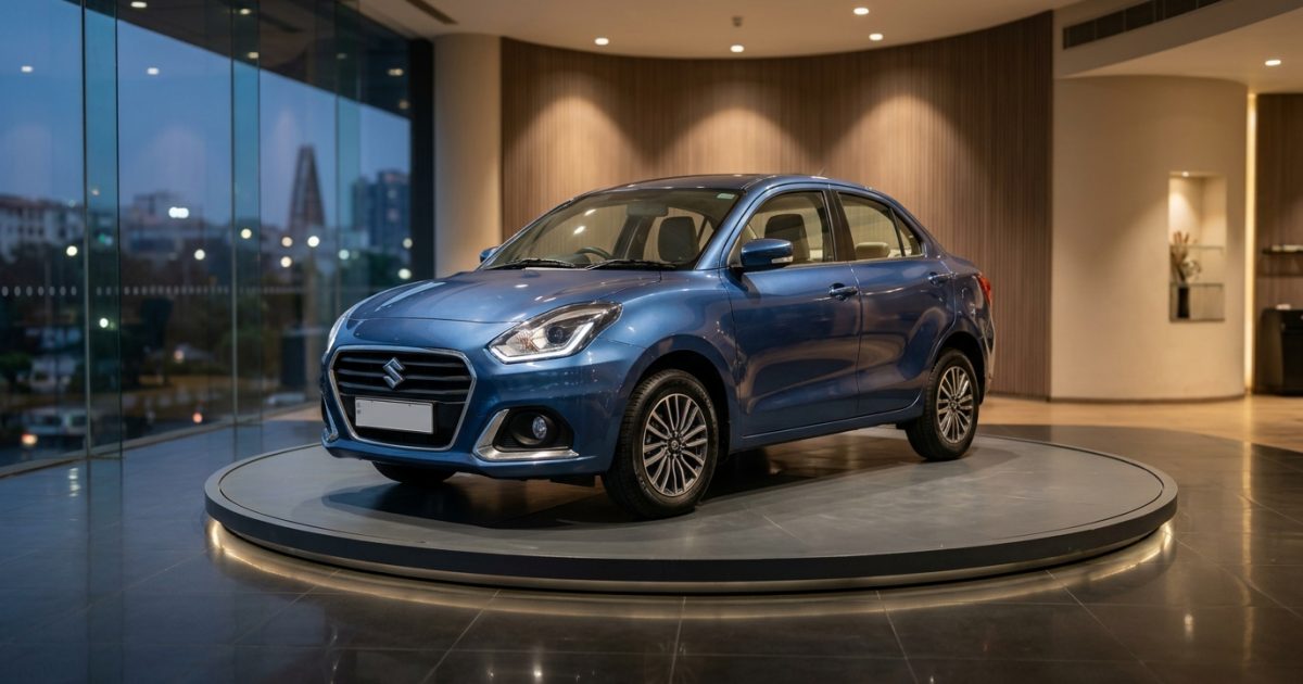 Front view of modern compact sedan during a new car launch event in an Indian showroom
