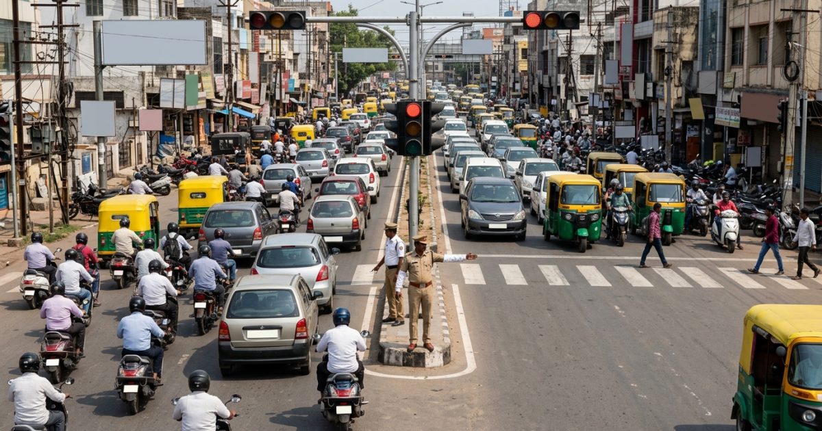 Indian traffic junction illustrating enforcement of new RTO rules