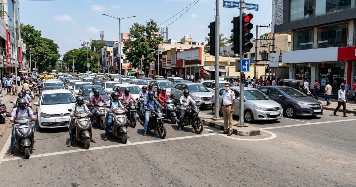 Indian traffic junction showing vehicles complying with new RTO rules