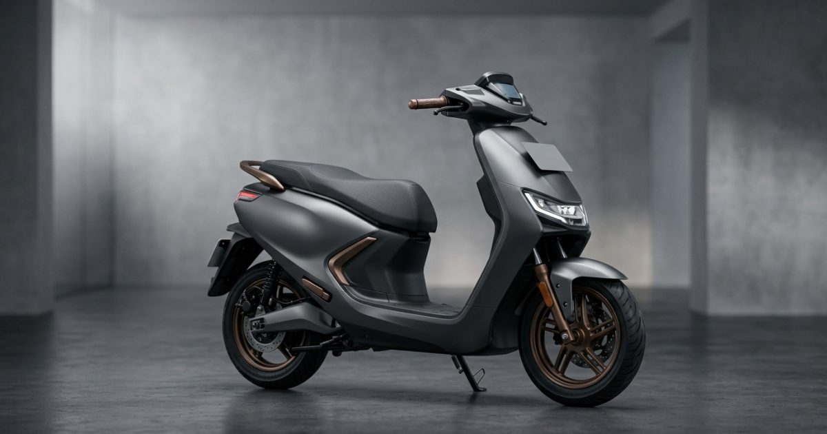 Front profile of a contemporary commuter scooter in a modern showroom setting